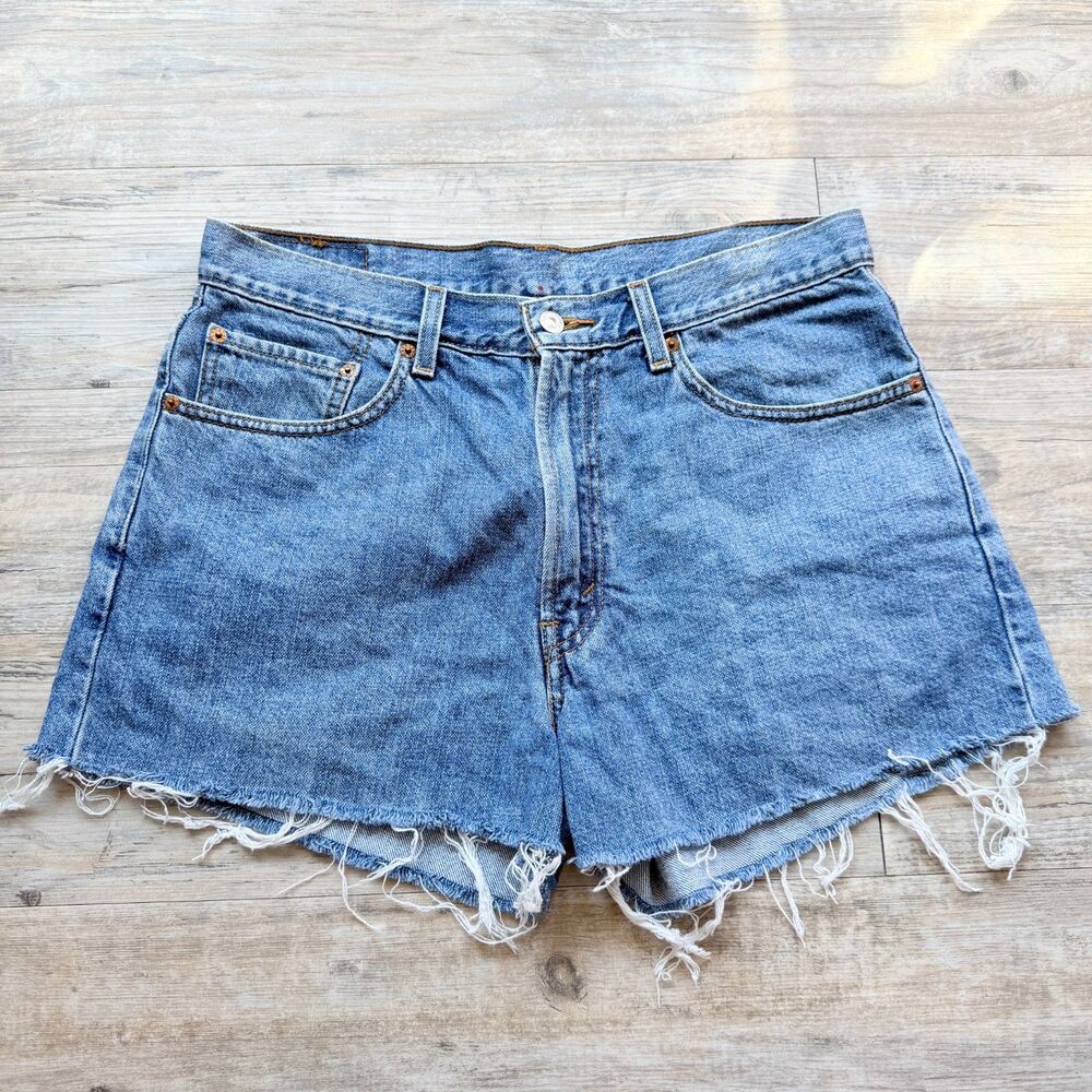 Levi's 550 Cut Off Denim Shorts Women's 29 High Rise Frayed Raw Hem Blue Shorts